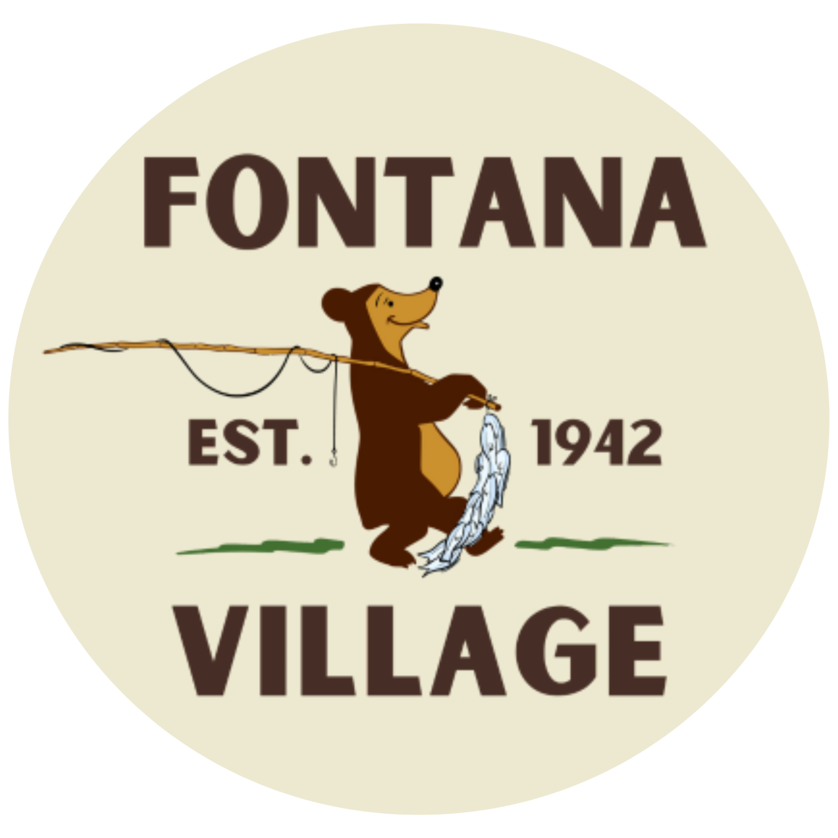 Logo with a bear holding fish, fishing rod, 'Fontana Village Est. 1942' text.