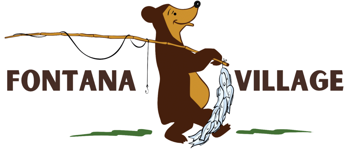 Cartoon bear holding fish and fishing rod, with text 'Fontana Village'.