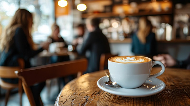 A cappuccino cup on a table in a cafe, with people socializing in the blurred background.