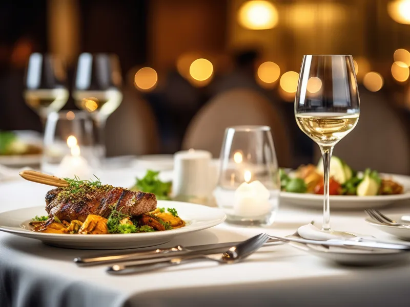 Elegant dinner table setting with steak, wine glass, and candlelight ambiance.