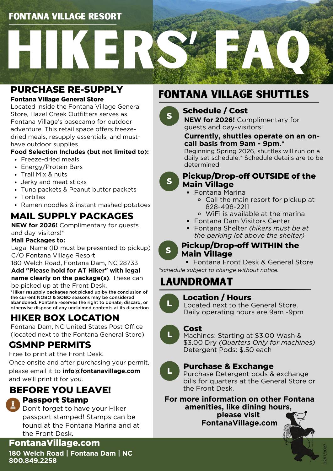 Hikers' FAQ poster with info on re-supply, mail packages, shuttles, and laundry at Fontana Village Resort.