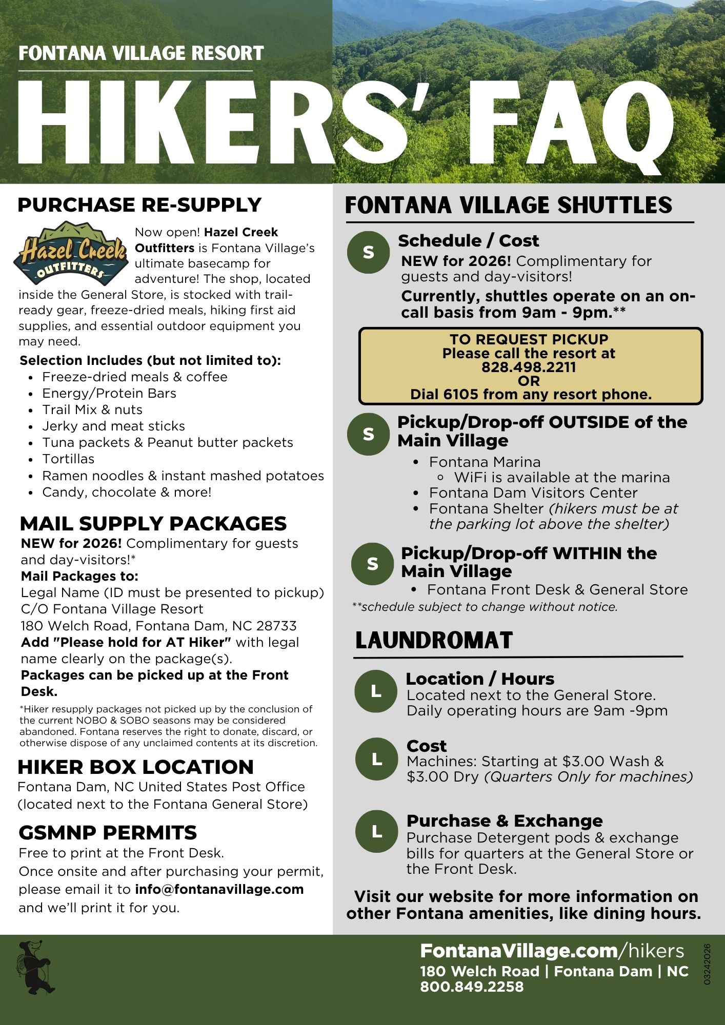 Infographic for Fontana Village Resort Hikers' FAQ with supply, shuttle, mail, and laundromat info.