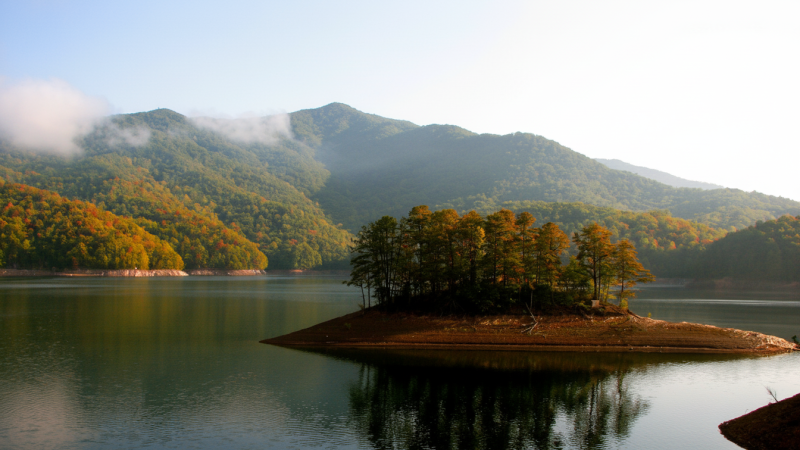 Small island with trees in a lake, surrounded by mountains.