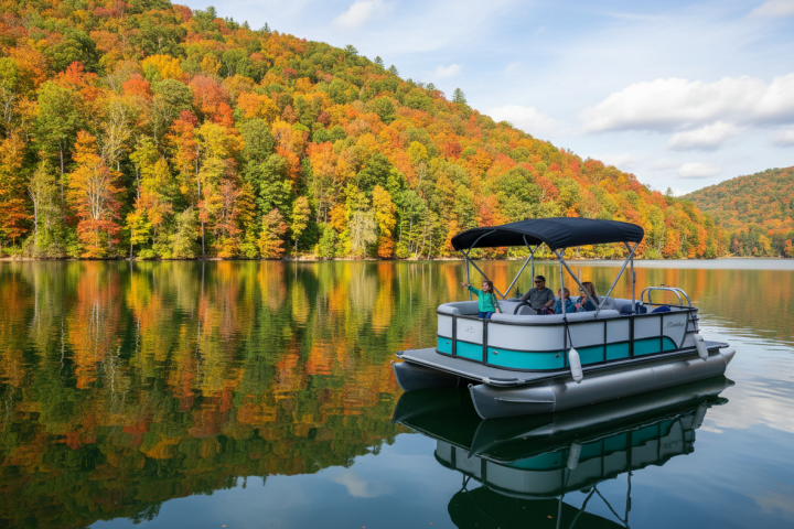Pontoon boat on a calm lake with colorful autumn trees in the background.