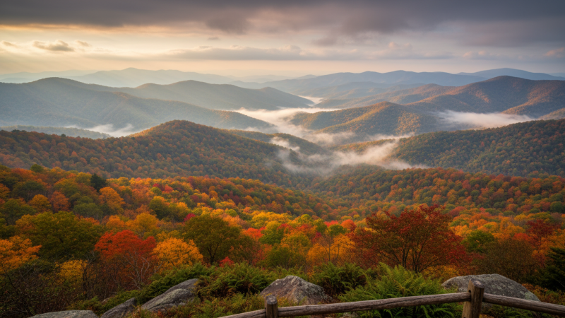 Scenic view of foggy mountains and colorful autumn forest at sunrise.