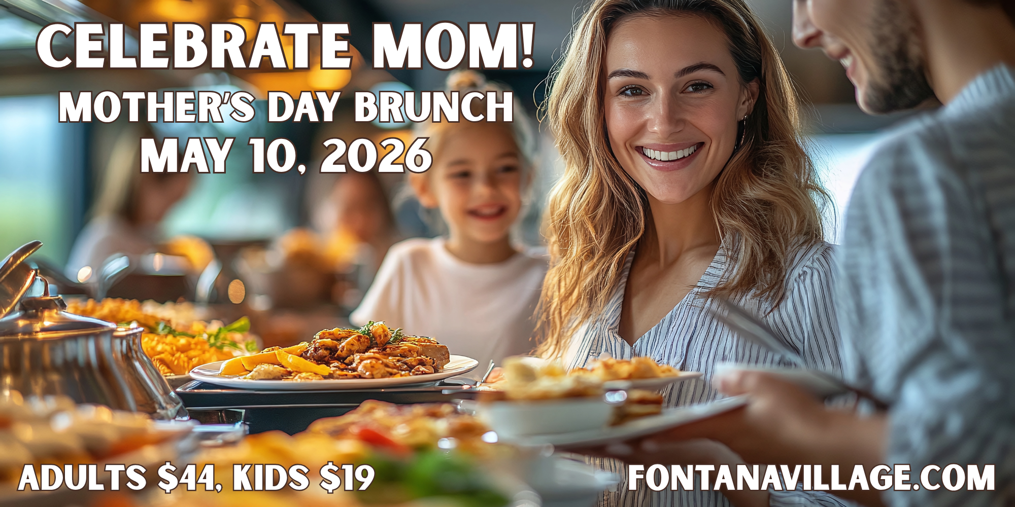 Smiling family at a buffet with Mother's Day brunch text.