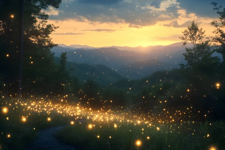 Sunset over mountains with glowing fireflies in a forest clearing.