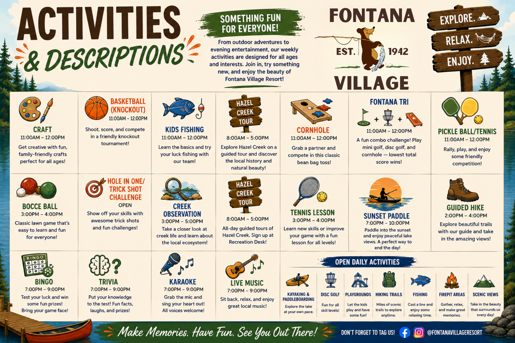 Colorful flyer listing activities at Fontana Village Resort, including craft, fishing, and cornhole.