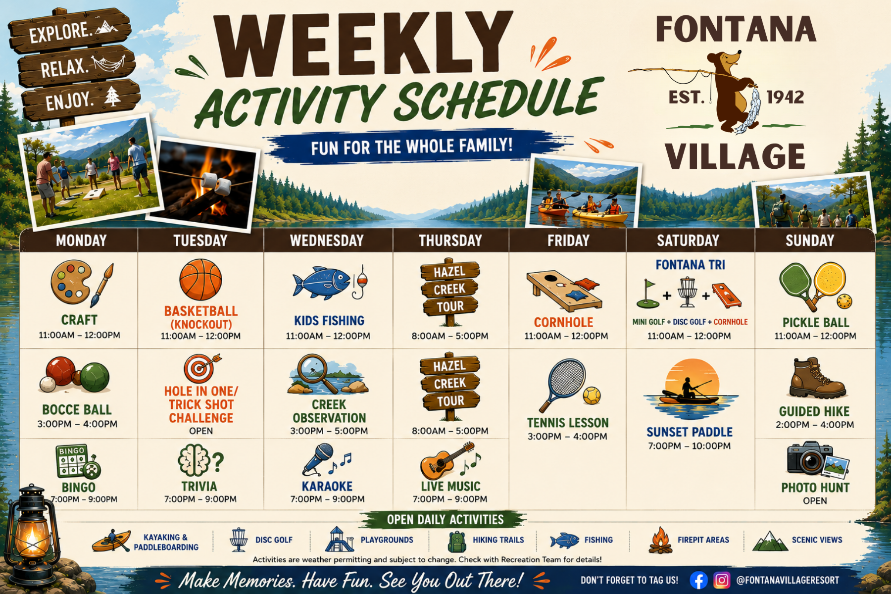 Weekly activity schedule for Fontana Village, featuring various daily events and times.