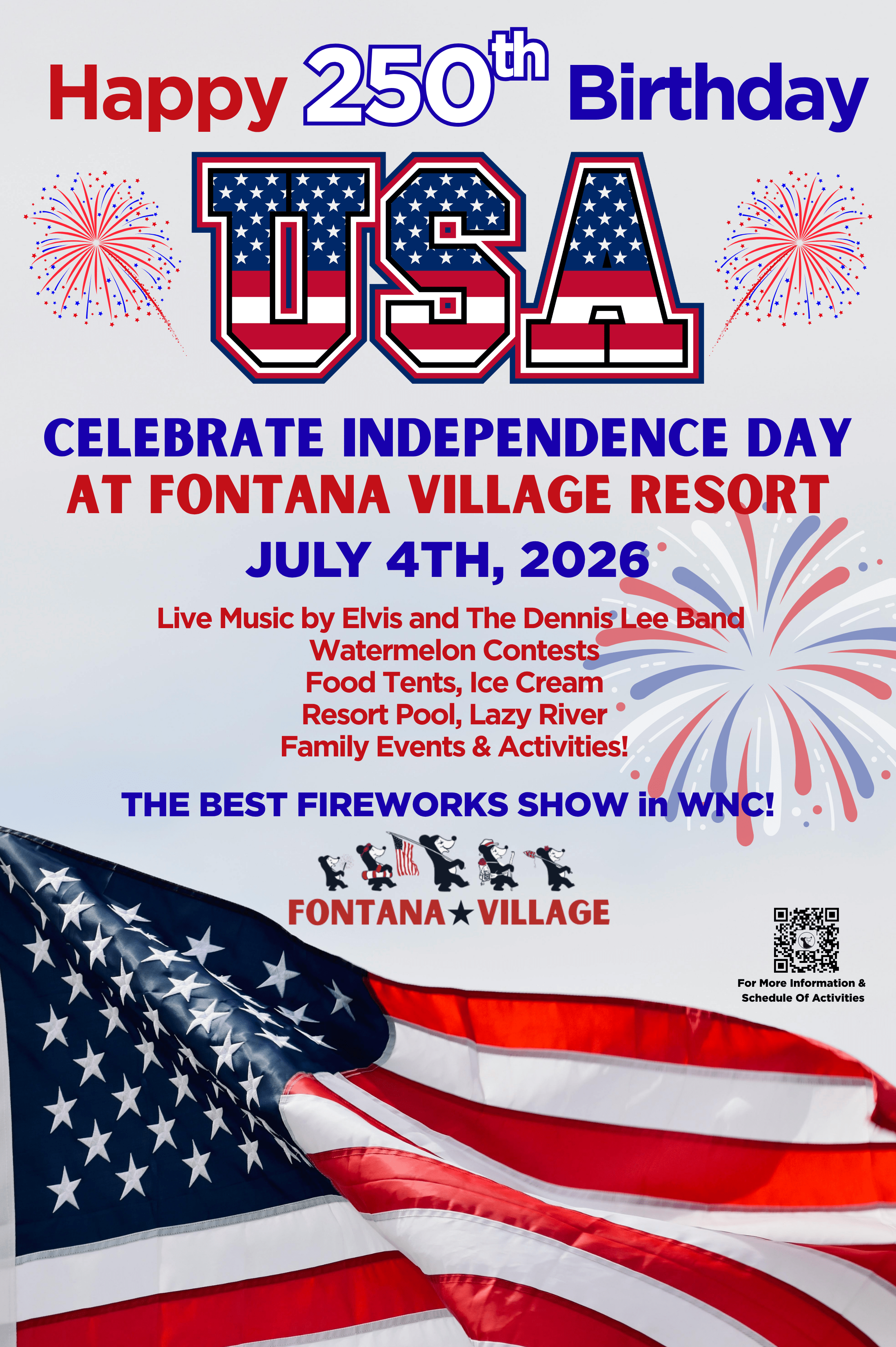 Poster celebrating USA's 250th birthday with fireworks, event details, and American flag.