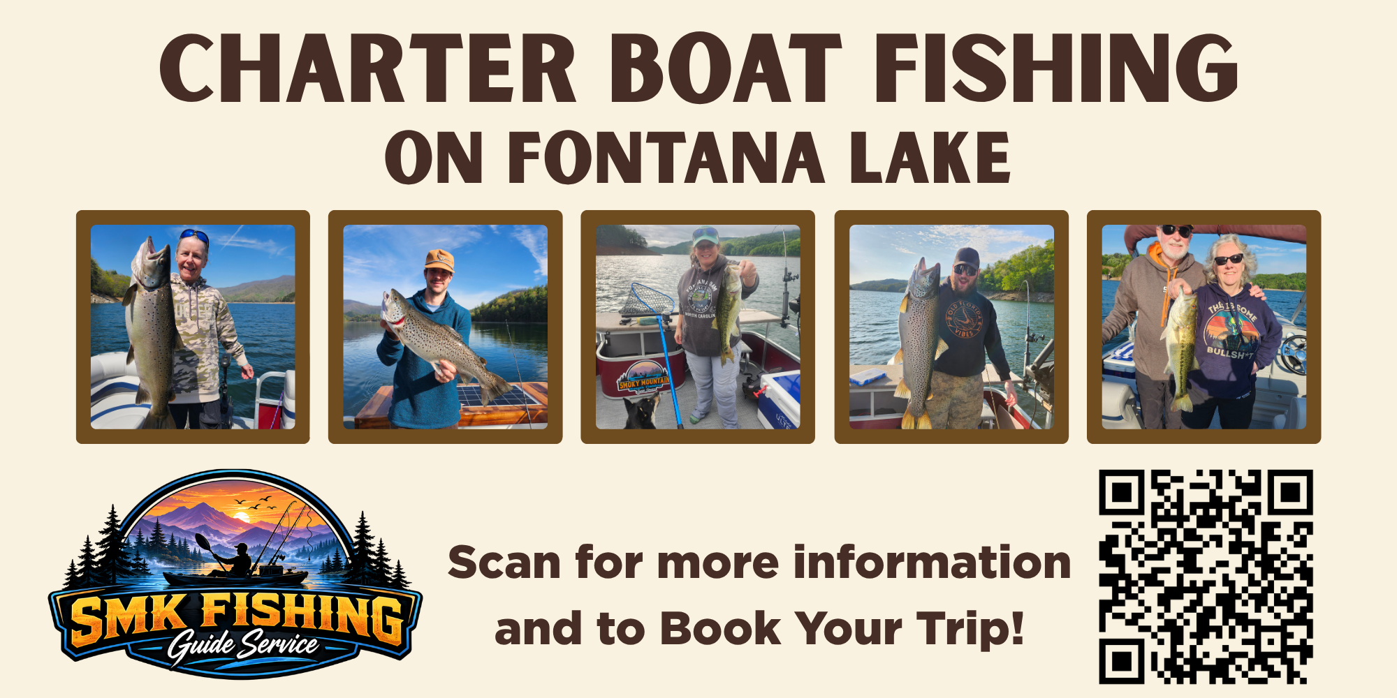Banner: Charter boat fishing on Fontana Lake with several trophy fish photos and a QR code.