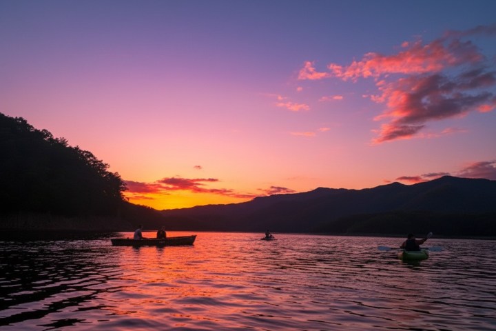 People kayaking on a lake at sunset with pink and orange sky.