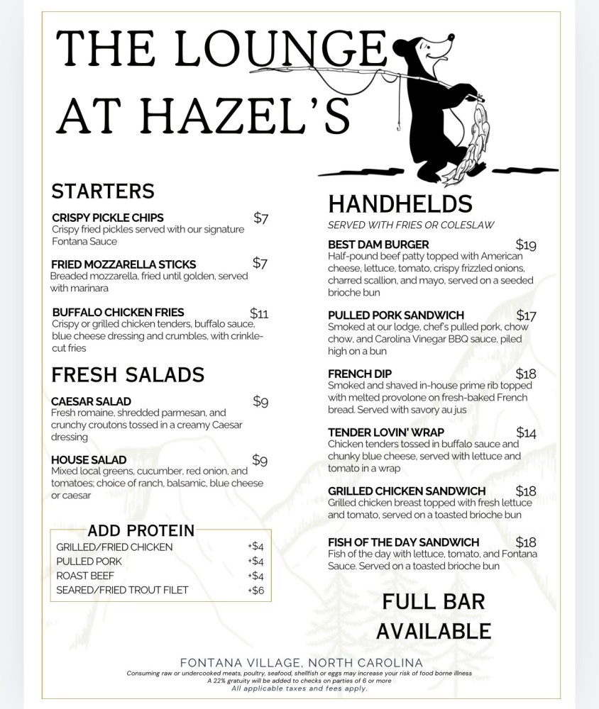 Menu for The Lounge at Hazel's with starters, salads, handhelds, and add protein options.