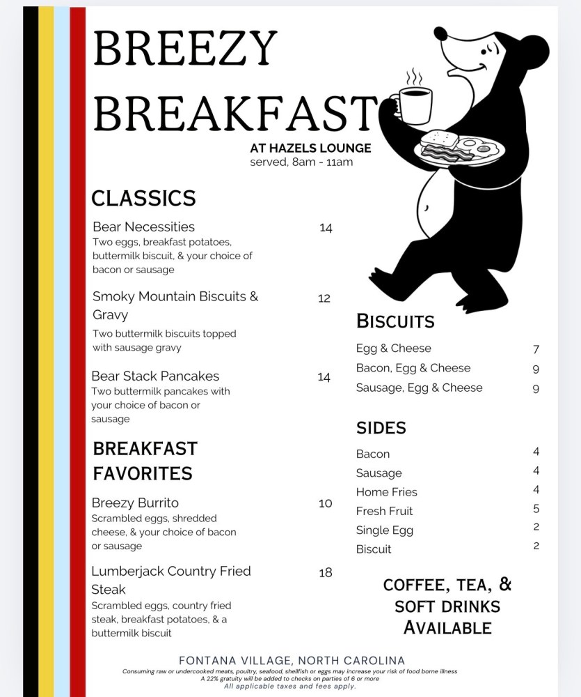 Illustrated bear holding breakfast with menu text and prices listed.
