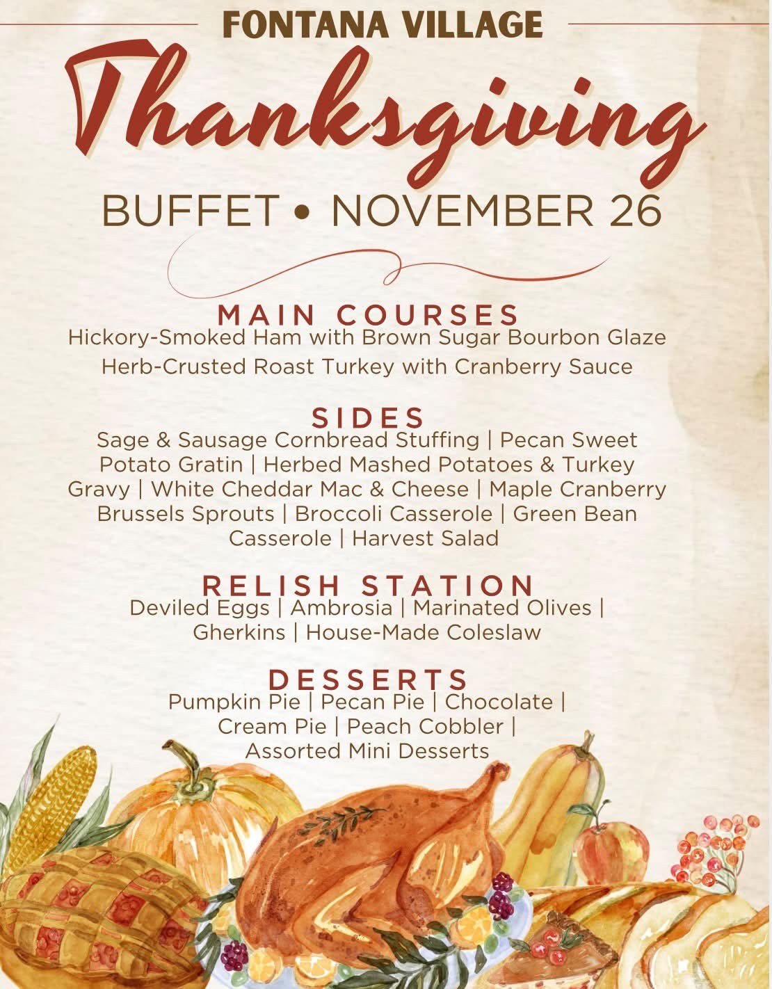 Thanksgiving buffet menu with main courses, sides, relish station, and desserts.